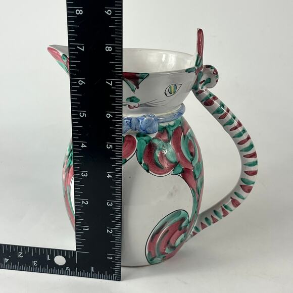 Kitty Cat Pitcher Vintage Hand Painted Italian Glazed Green Red 2105/2 Carafe - Picture 8 of 14